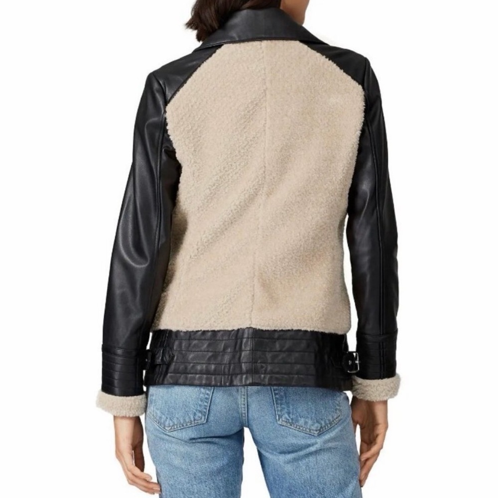 Slate & Willow Womens Large Beige Sherpa Black Genuine Leather Moto Aviator Coat - Picture 4 of 10